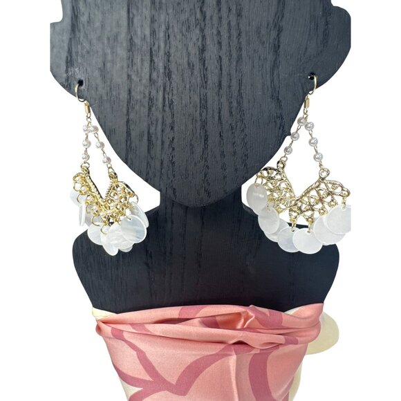 2/$24 Gold & Pearl Drop Earrings With Shell Disc Accents Lightweight - Picture 6 of 10